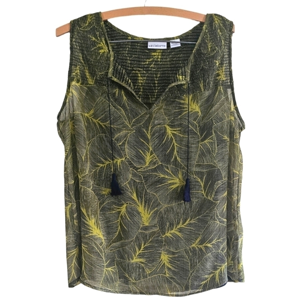 Liz Claiborne Women's L Sleeveless Tropical Leaf Tassel Top Green Black